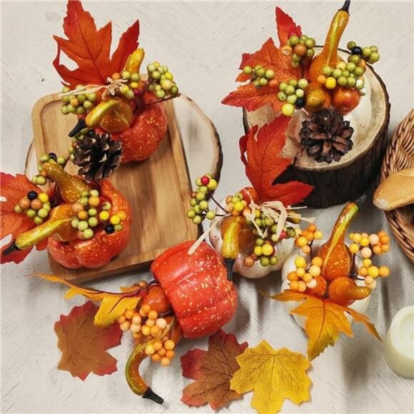 Set of 6 Artificial Pumpkin &‎ Pine Cone Decor - Thanksgiving Harvest Tabletop - Picture 4 of 7